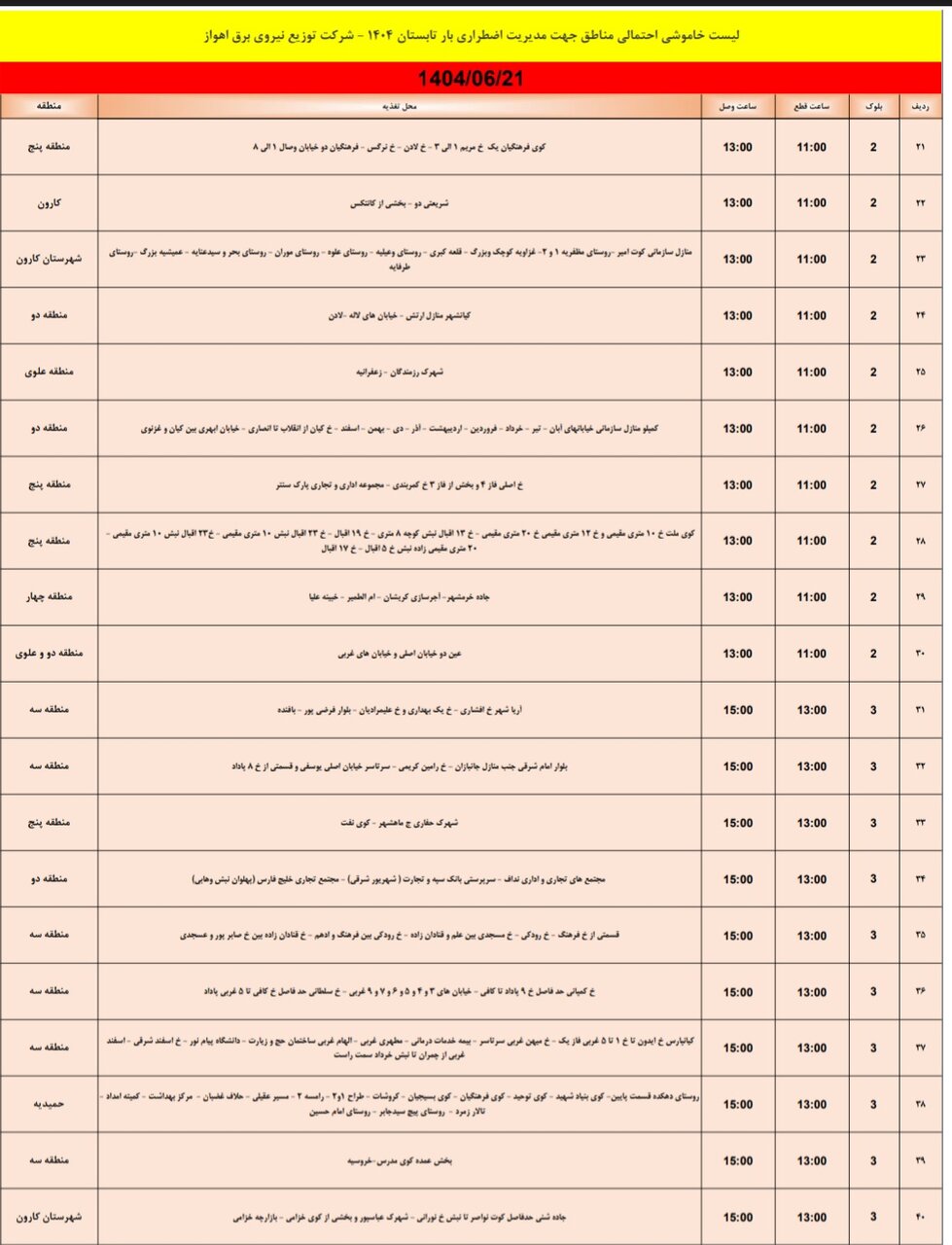 جدول خاموشی برق اهواز جمعه ۲۱ شهریور