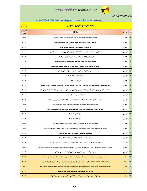 جدول قطعی برق یاسوج جمعه ۲۱ شهریور ۱۴۰۴ + ساعات خاموشی کهگیلویه و بویراحمد
