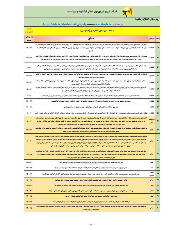 جدول قطعی برق یاسوج جمعه ۲۱ شهریور ۱۴۰۴ + ساعات خاموشی کهگیلویه و بویراحمد