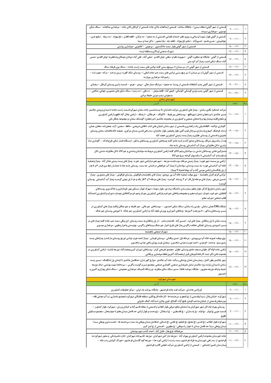 برنامه قطعی برق چهارمحال‌ و بختیاری‌ شنبه ۲۲ شهریور + جدول