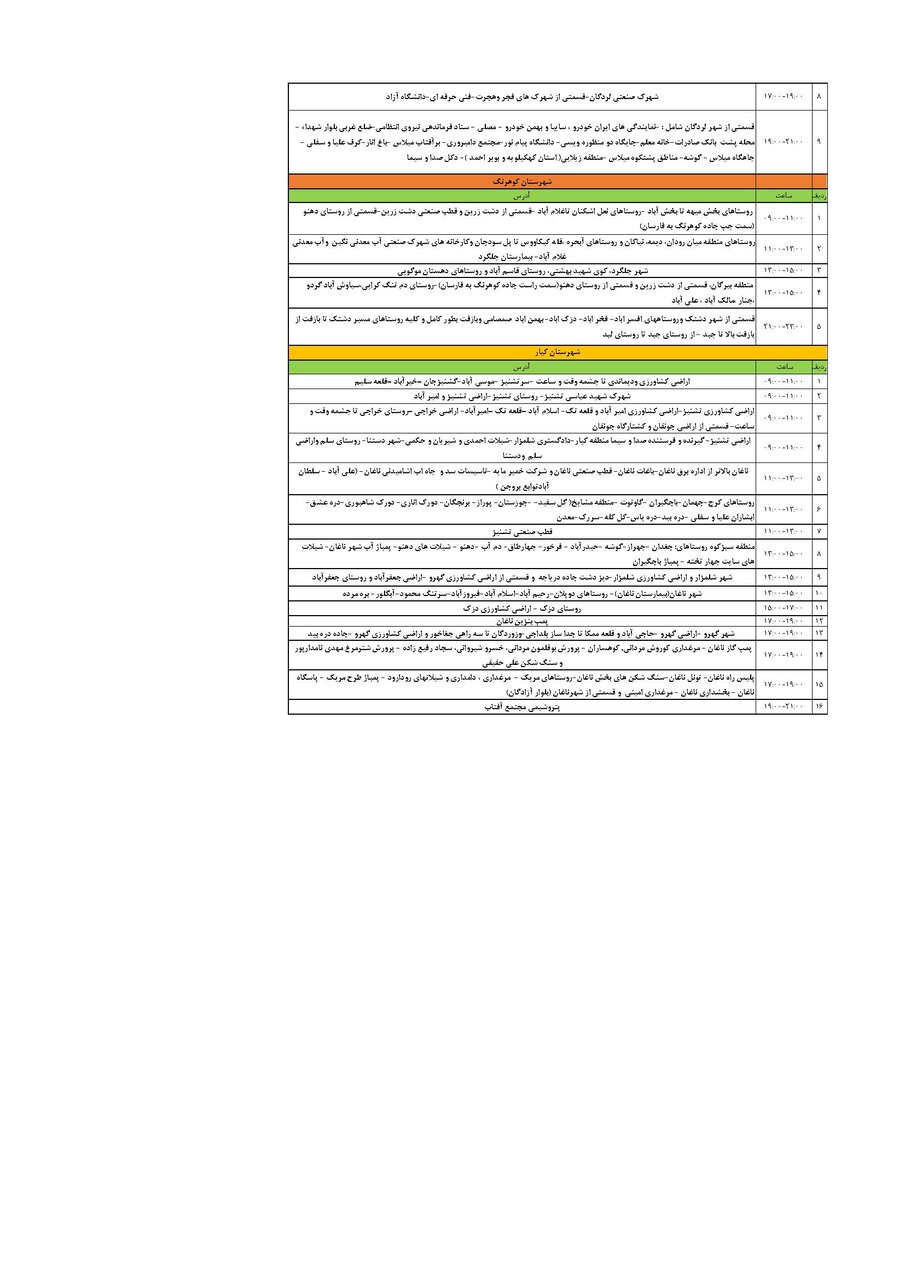 برنامه قطعی برق چهارمحال‌ و بختیاری‌ شنبه ۲۲ شهریور + جدول