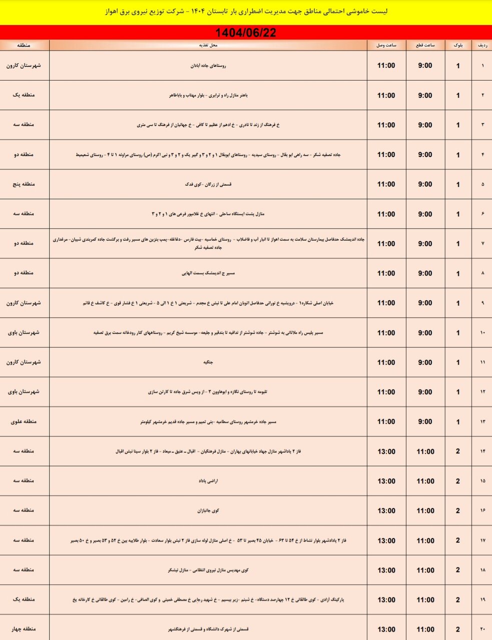 جدول خاموشی برق اهواز شنبه ۲۲ شهریور
