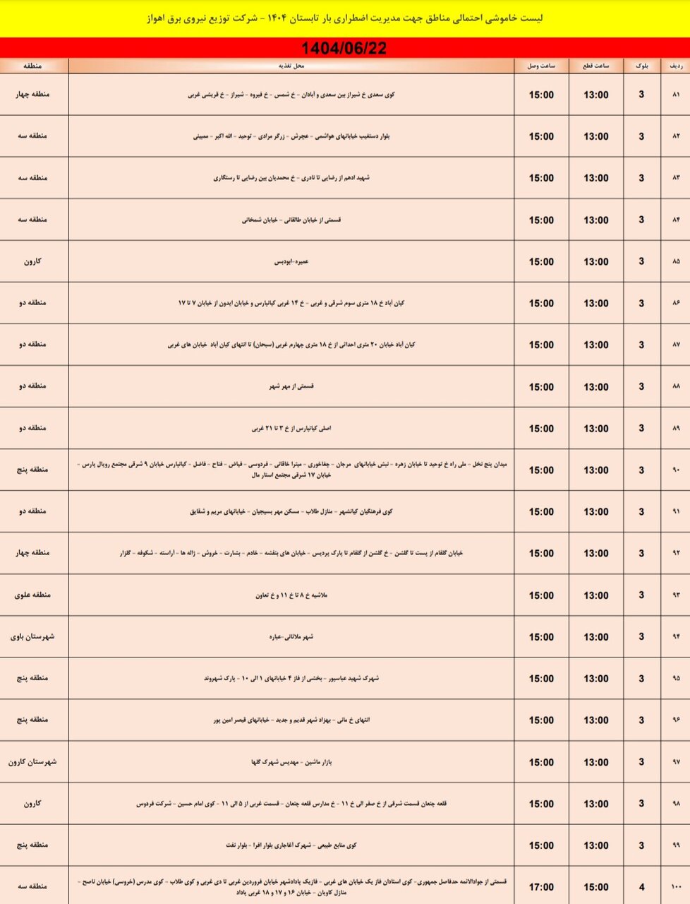 جدول خاموشی برق اهواز شنبه ۲۲ شهریور