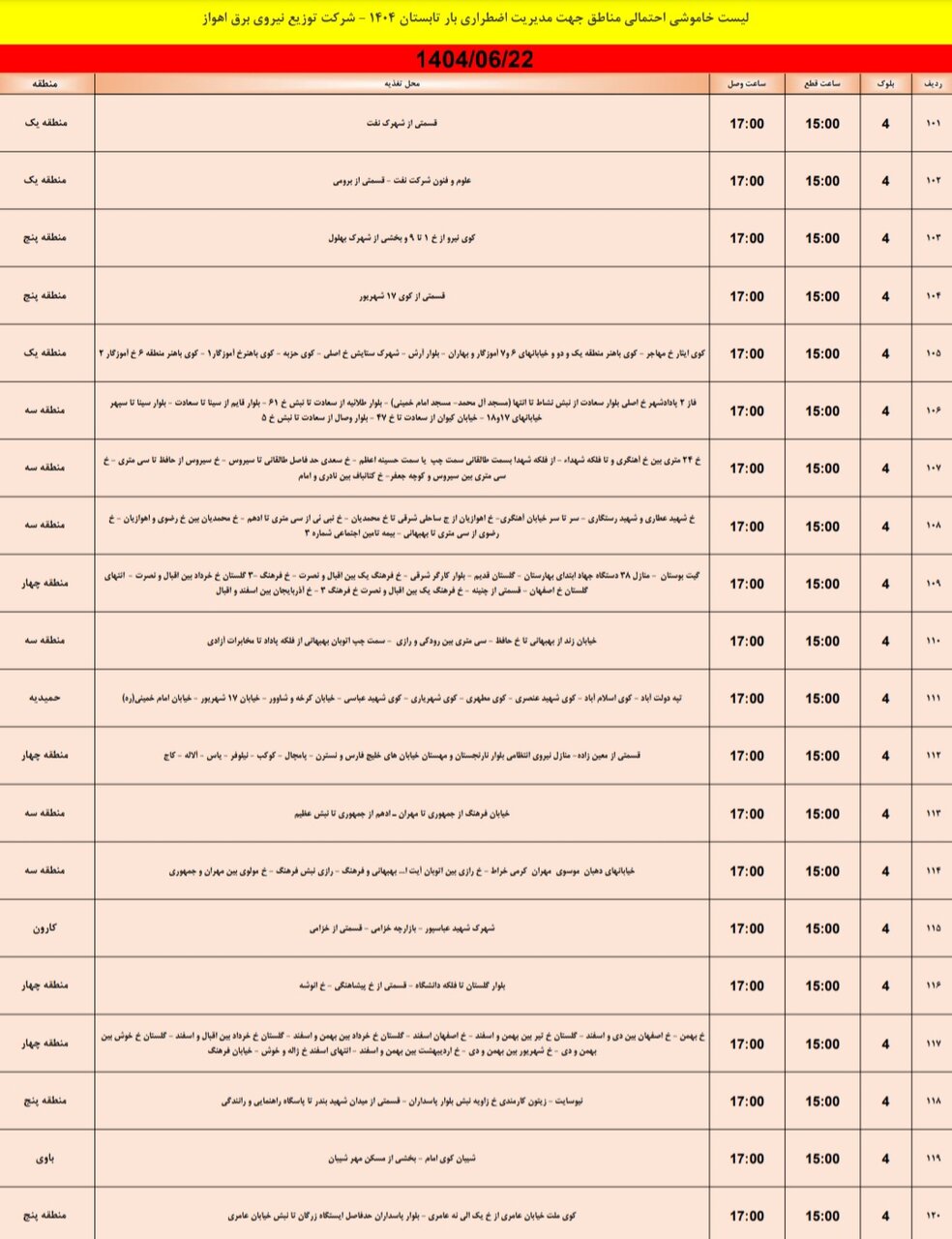 جدول خاموشی برق اهواز شنبه ۲۲ شهریور