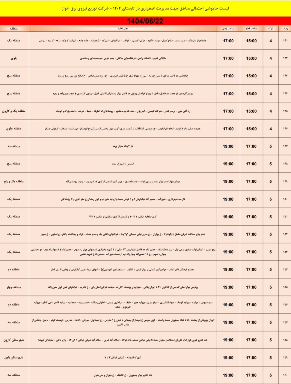 جدول خاموشی برق اهواز شنبه ۲۲ شهریور