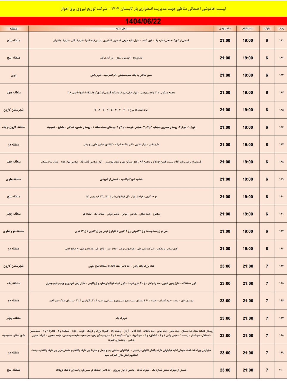 جدول خاموشی برق اهواز شنبه ۲۲ شهریور