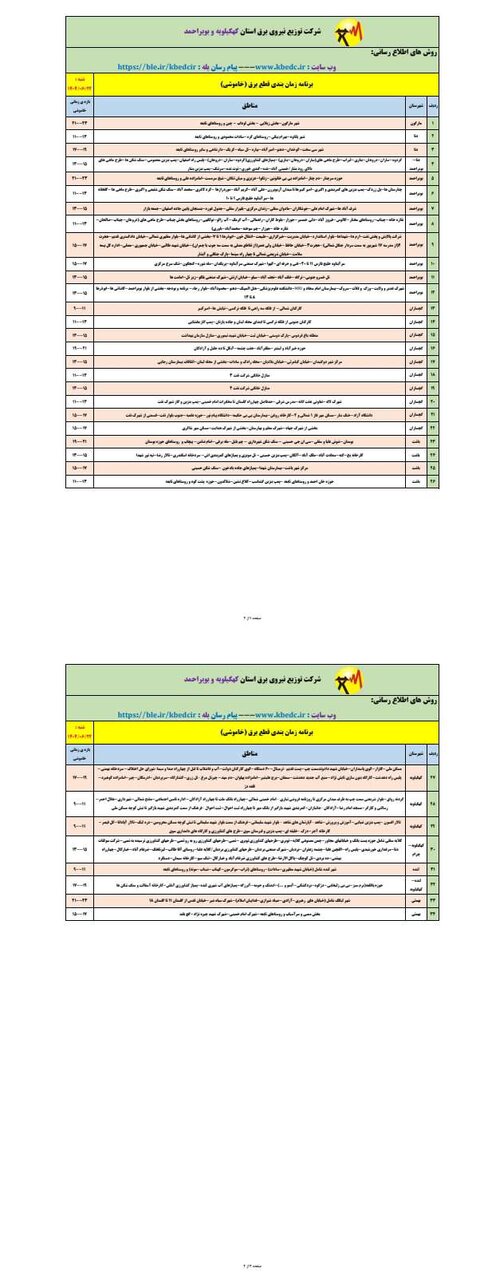 جدول قطعی برق یاسوج شنبه ۲۲شهریور ۱۴۰۴ + ساعات خاموشی کهگیلویه و بویراحمد