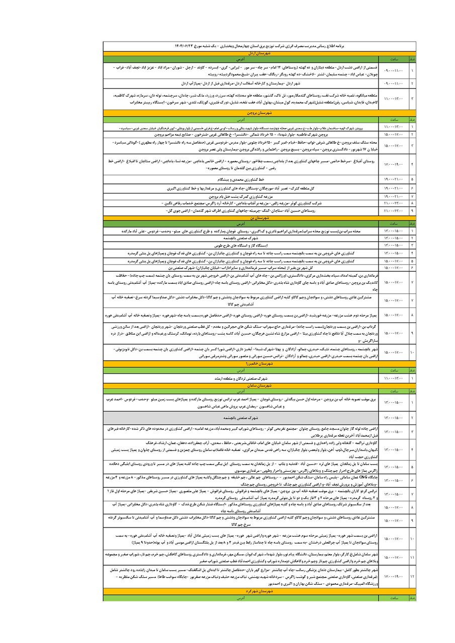برنامه قطعی برق چهارمحال و بختیاری یکشنبه ۲۳ شهریور + جدول