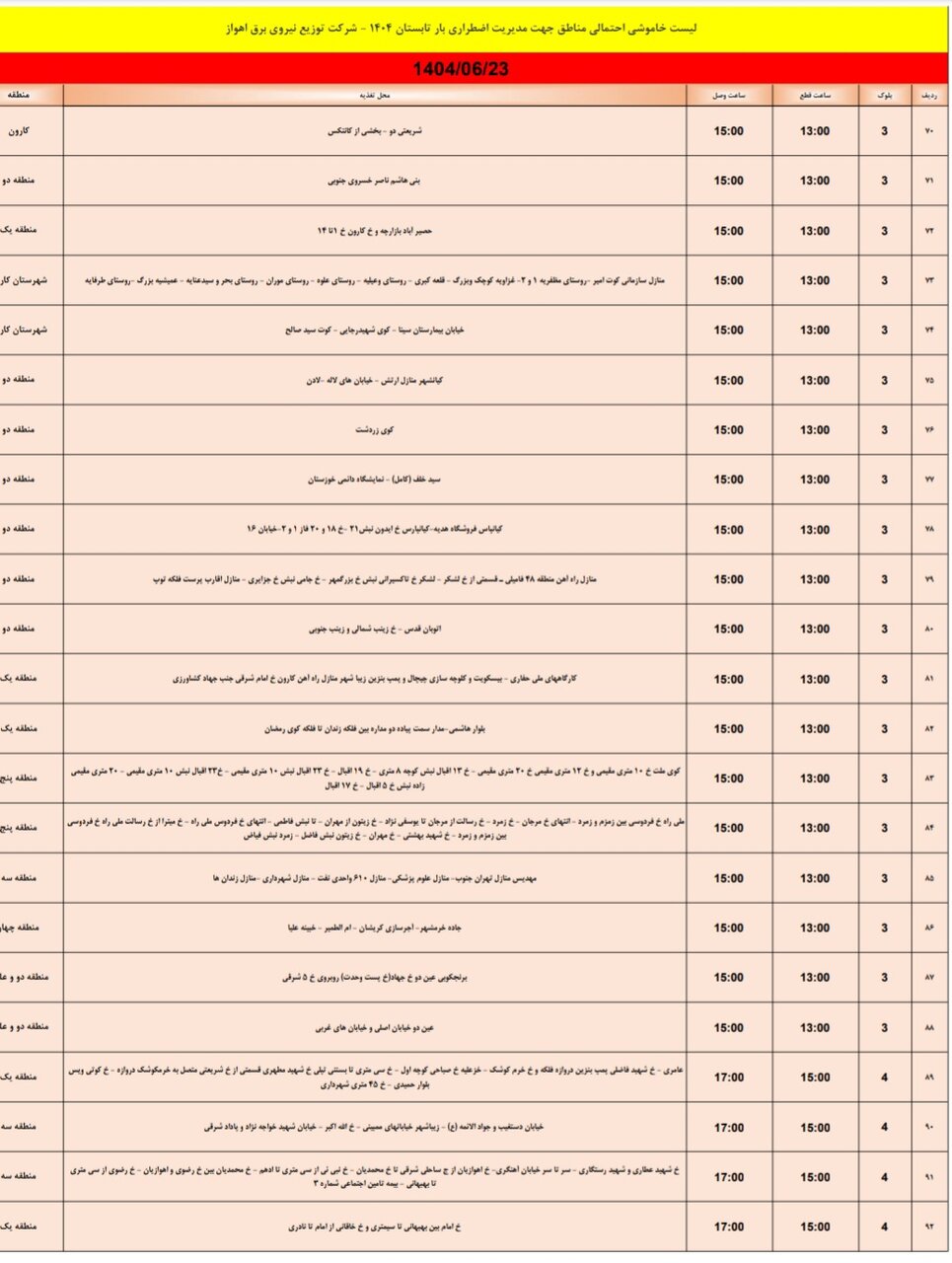 جدول خاموشی برق اهواز یکشنبه ۲۳ شهریور