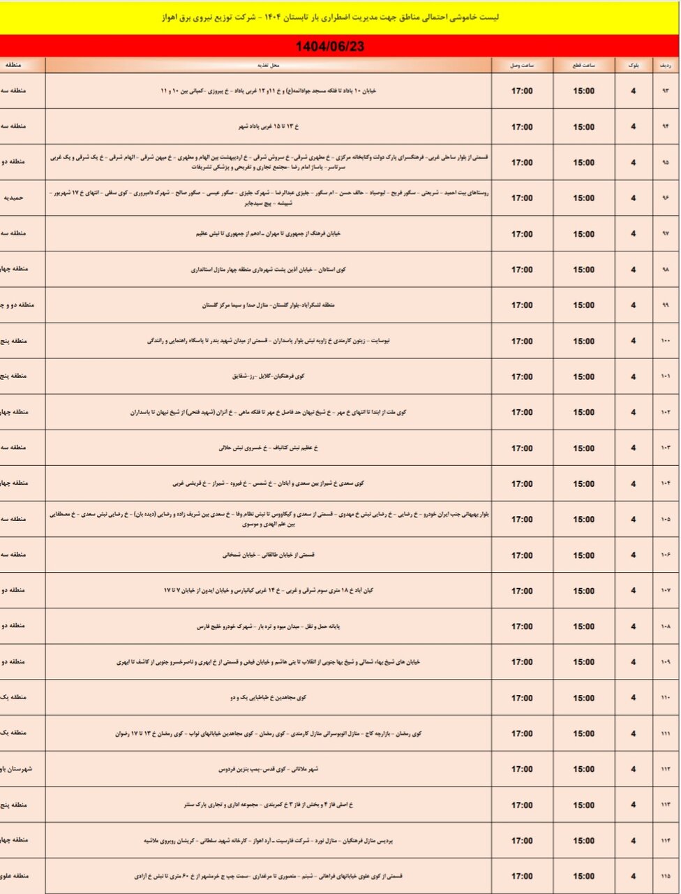 جدول خاموشی برق اهواز یکشنبه ۲۳ شهریور