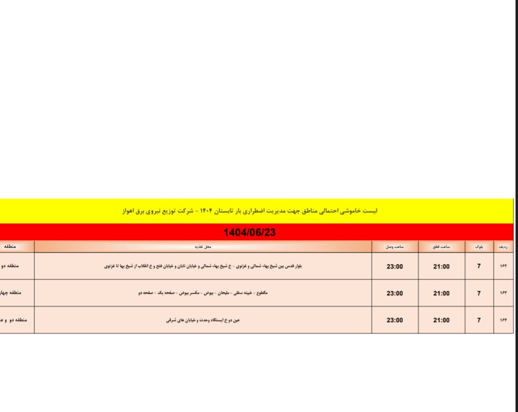 جدول خاموشی برق اهواز یکشنبه ۲۳ شهریور