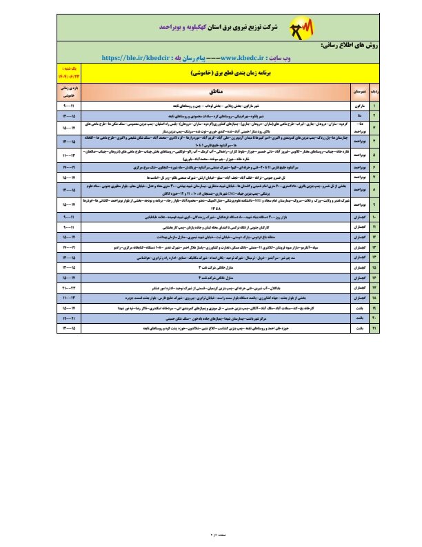 جدول قطعی برق یاسوج یکشنبه ۲۳شهریور ۱۴۰۴ + ساعات خاموشی کهگیلویه و بویراحمد