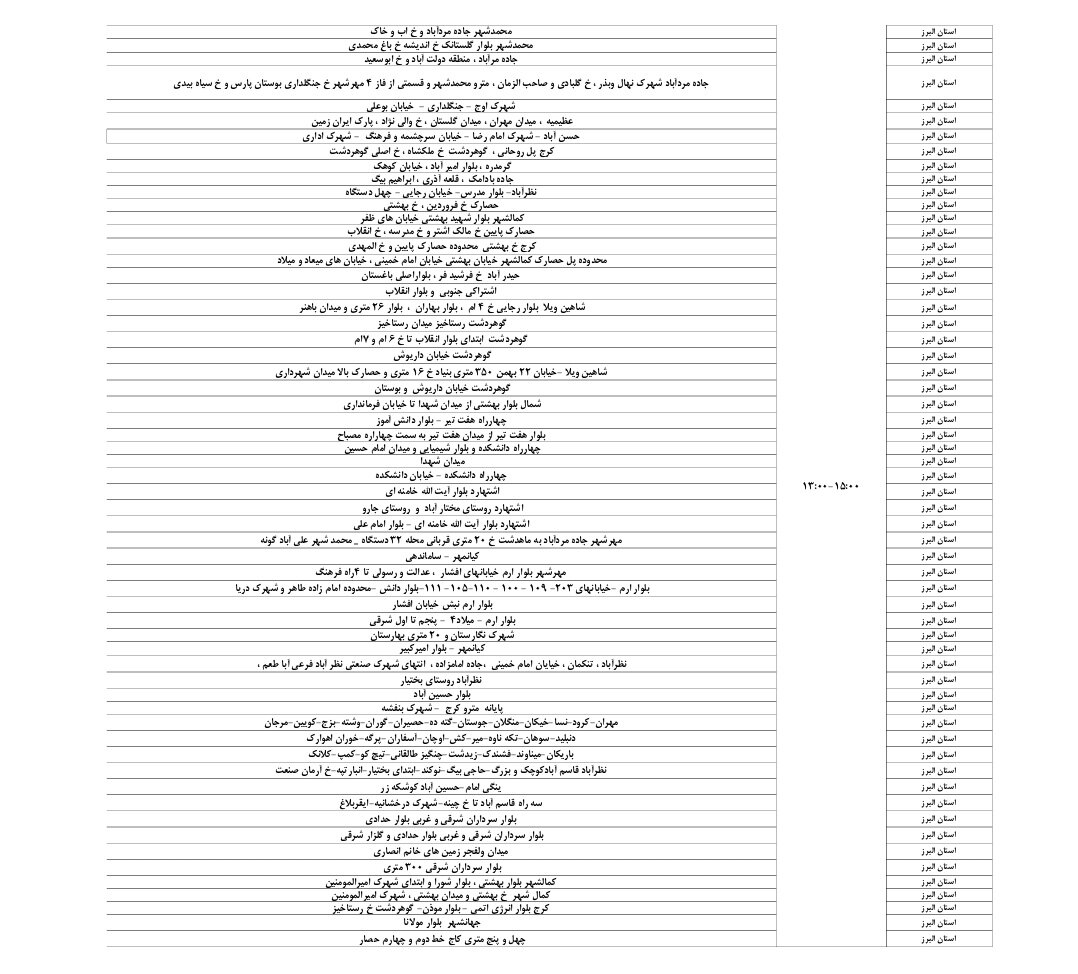 اعلام ساعات قطعی برق استان البرز امروز یکشنبه ۲۳ شهریور ۱۴۰۴