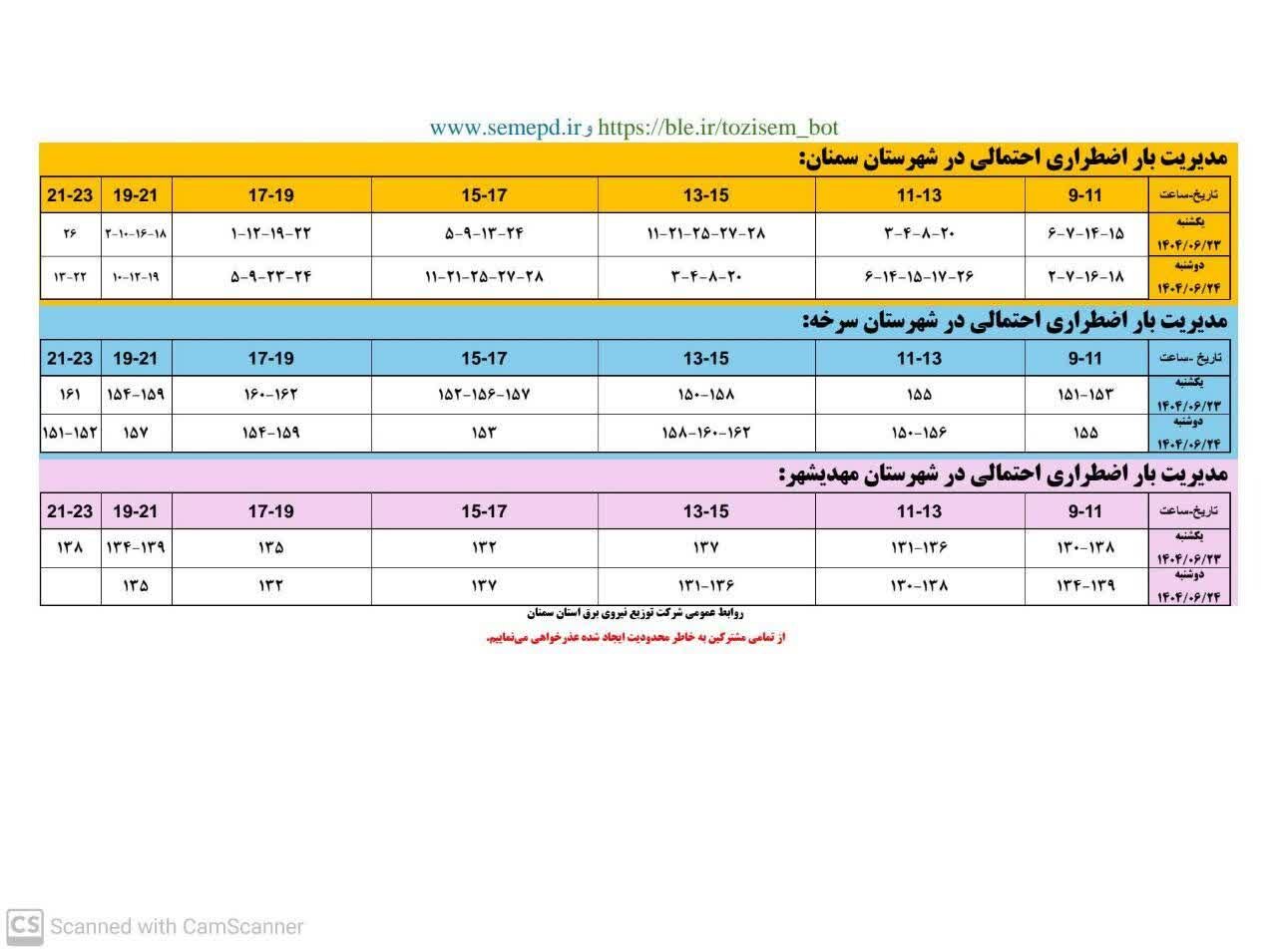 جدول قطعی برق استان سمنان امروز دوشنبه ۲۴ شهریور ۱۴۰۴ + لیست مناطق