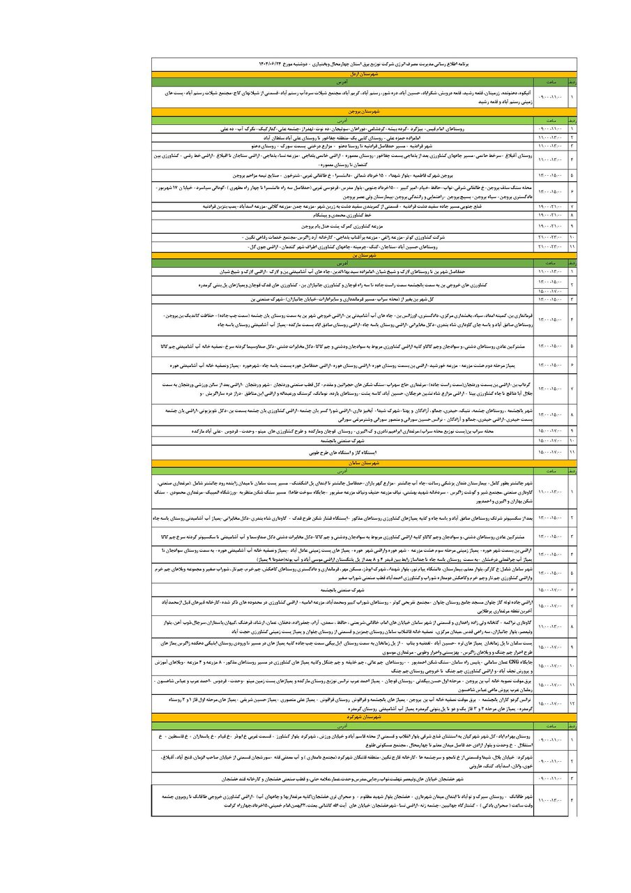 برنامه قطعی برق چهارمحال‌ و بختیاری‌ دوشنبه ۲۴ شهریور + جدول