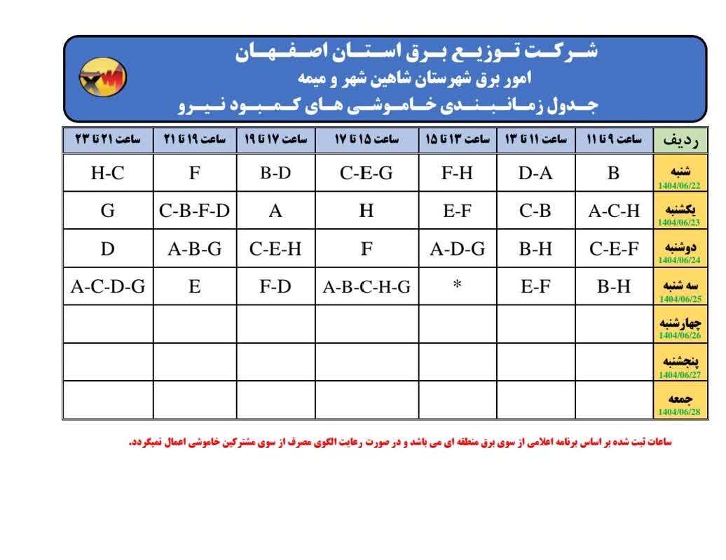 قطعی برق شاهین شهر فردا دوشنبه ۲۴ شهریور ۱۴۰۴ + جدول