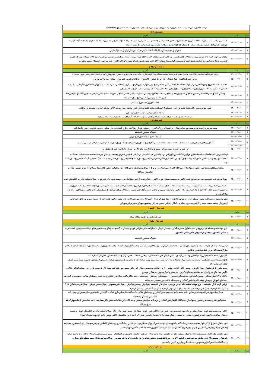 برنامه قطعی برق چهارمحال و بختیاری سه شنبه ۲۵ شهریور + جدول