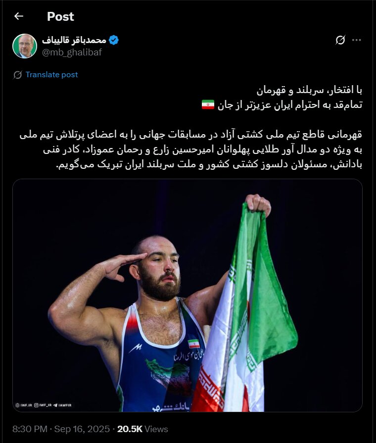 تبریک رئیس مجلس به قهرمانان کشتی آزاد + عکس