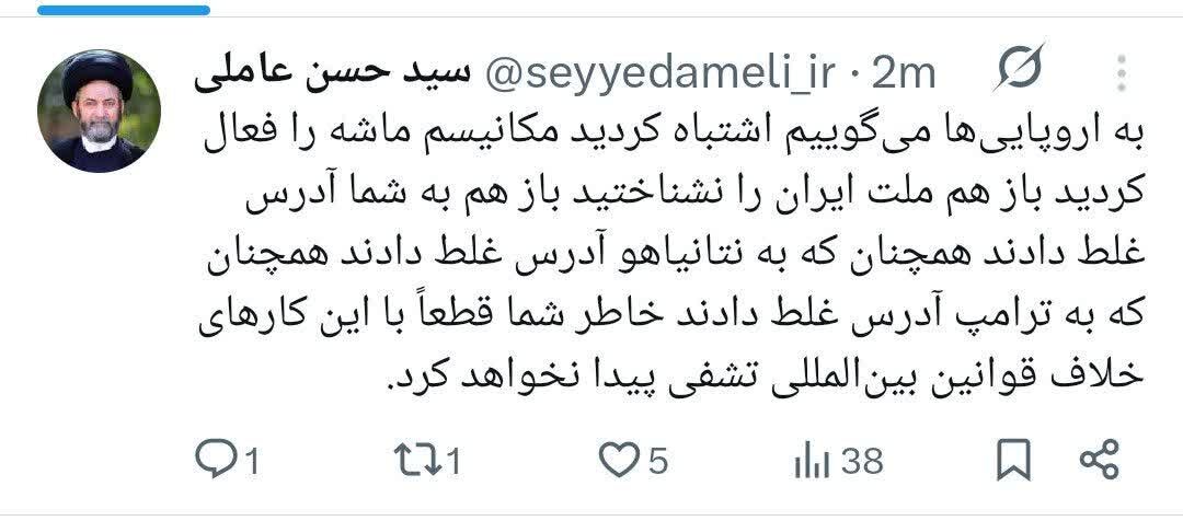 واکنش آیتالله عاملی به فعال شدن مکانیسم ماشه