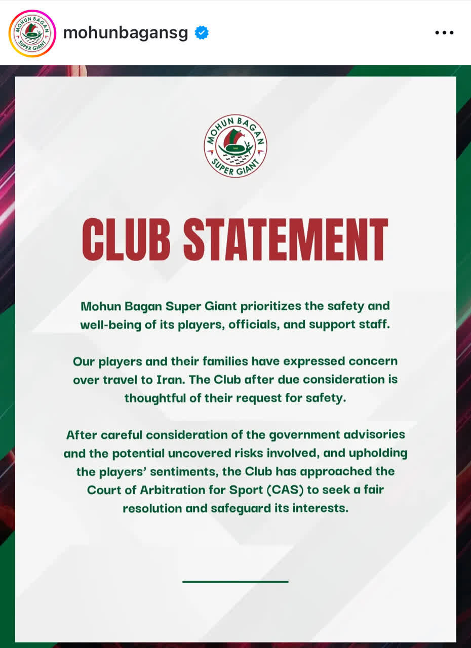 موهان باگان هند به ایران نیامد / در انتظار تصمیم انضباطی AFC