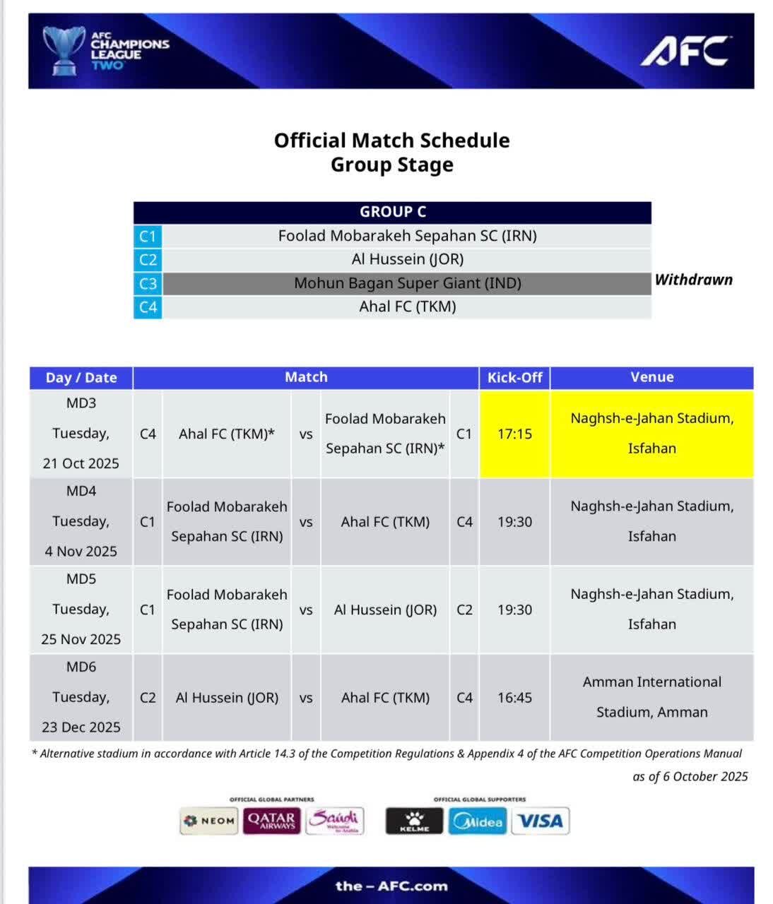 آخال ترکمنستان امکانات میزبانی ندارد / دیدار رفت و برگشت سپاهان و حریف ترکمن در نقش جهان