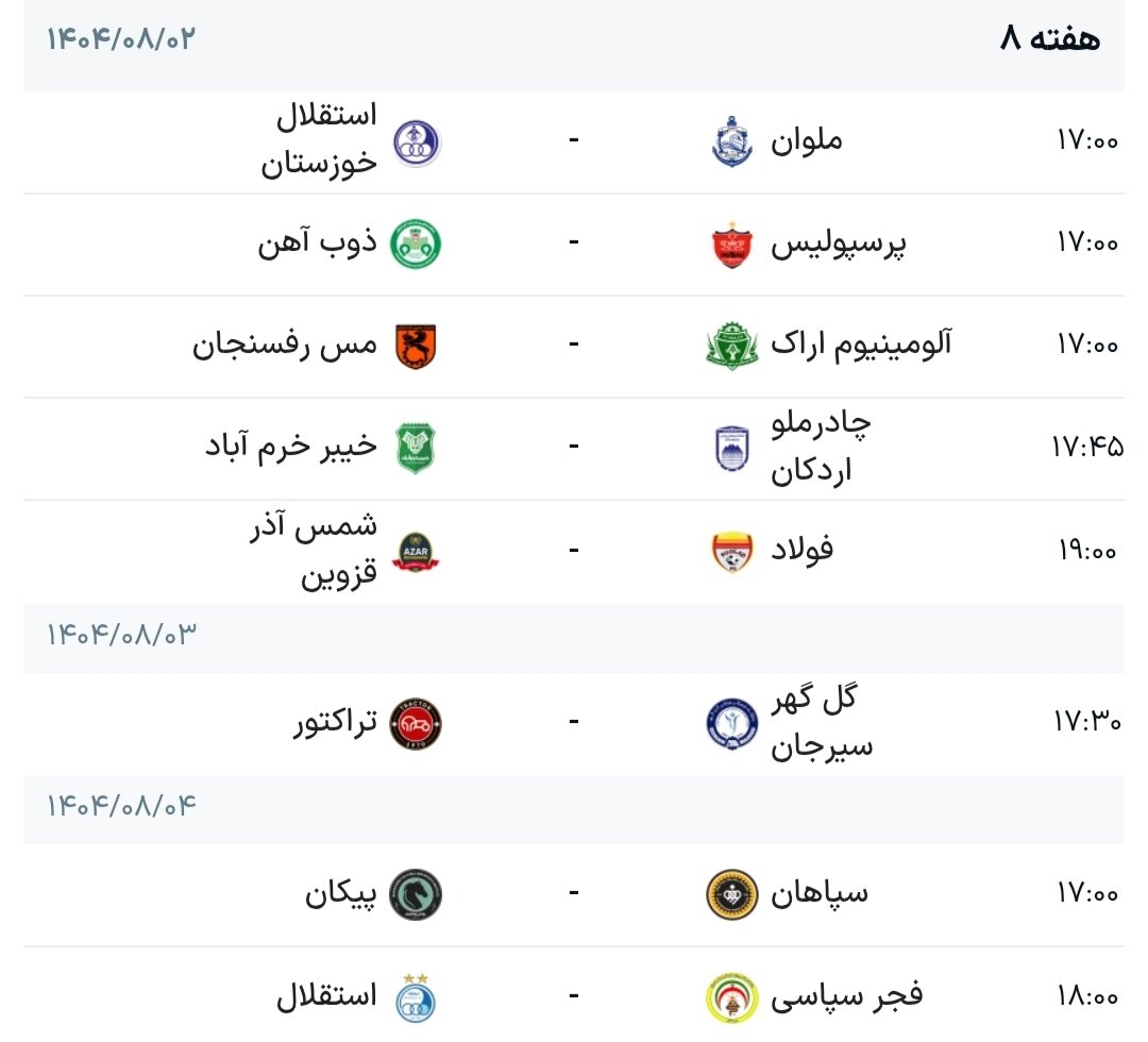 برنامه هفته هشتم لیگ برتر فوتبال + جدول