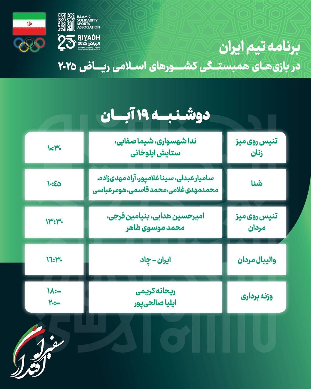 برنامه مسابقات کاروان ایران در بازی‌های کشورهای اسلامی امروز دوشنبه ۱۹ آبان