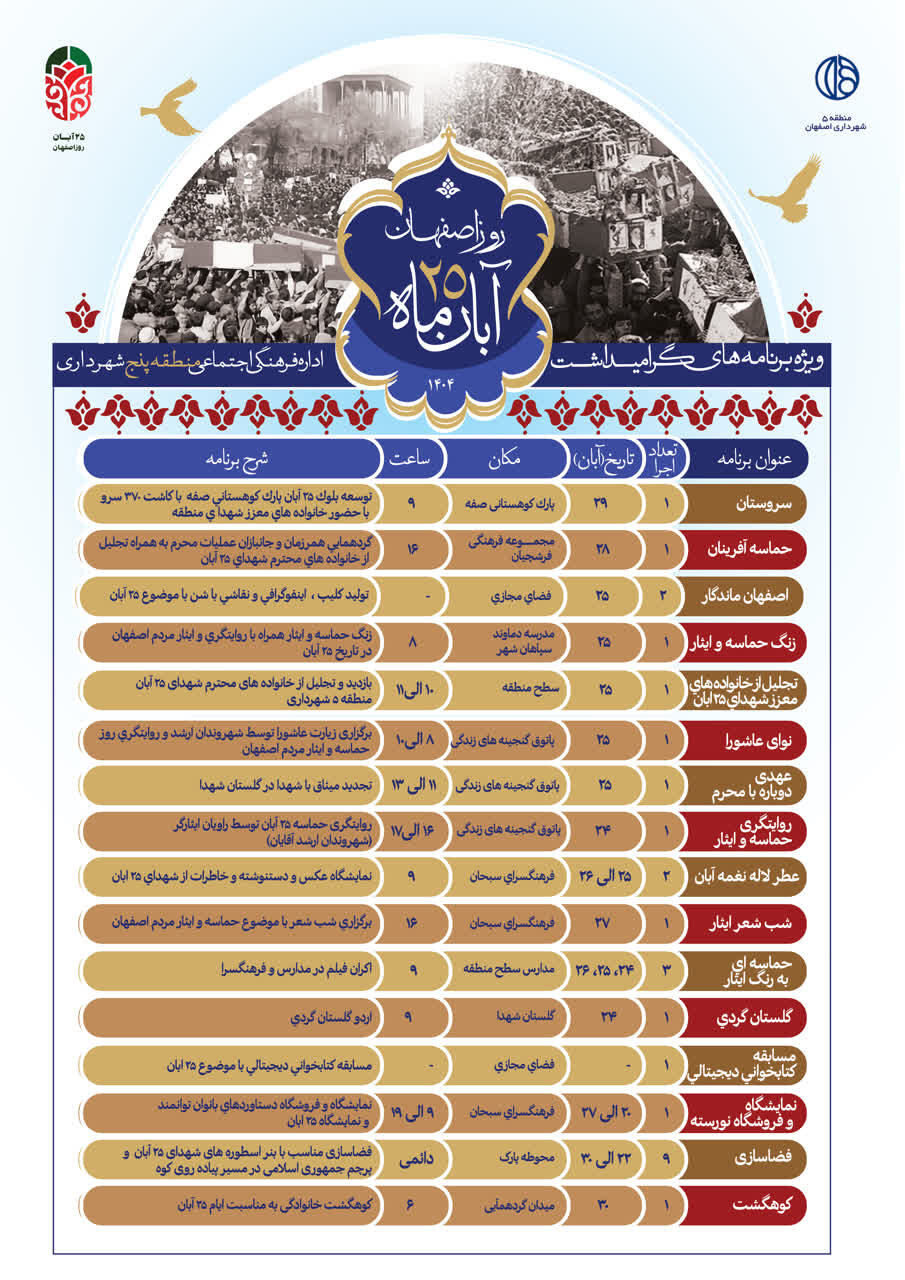 اجرای بیش از ۱۵ ویژه‌برنامه فرهنگی منطقه ۵ اصفهان به مناسبت ۲۵ آبان