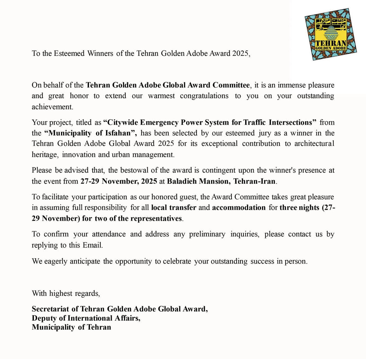 کسب جایزه جهانی خشت طلایی برای پروژه پایدارسازی برق تقاطع‌های ترافیکی اصفهان