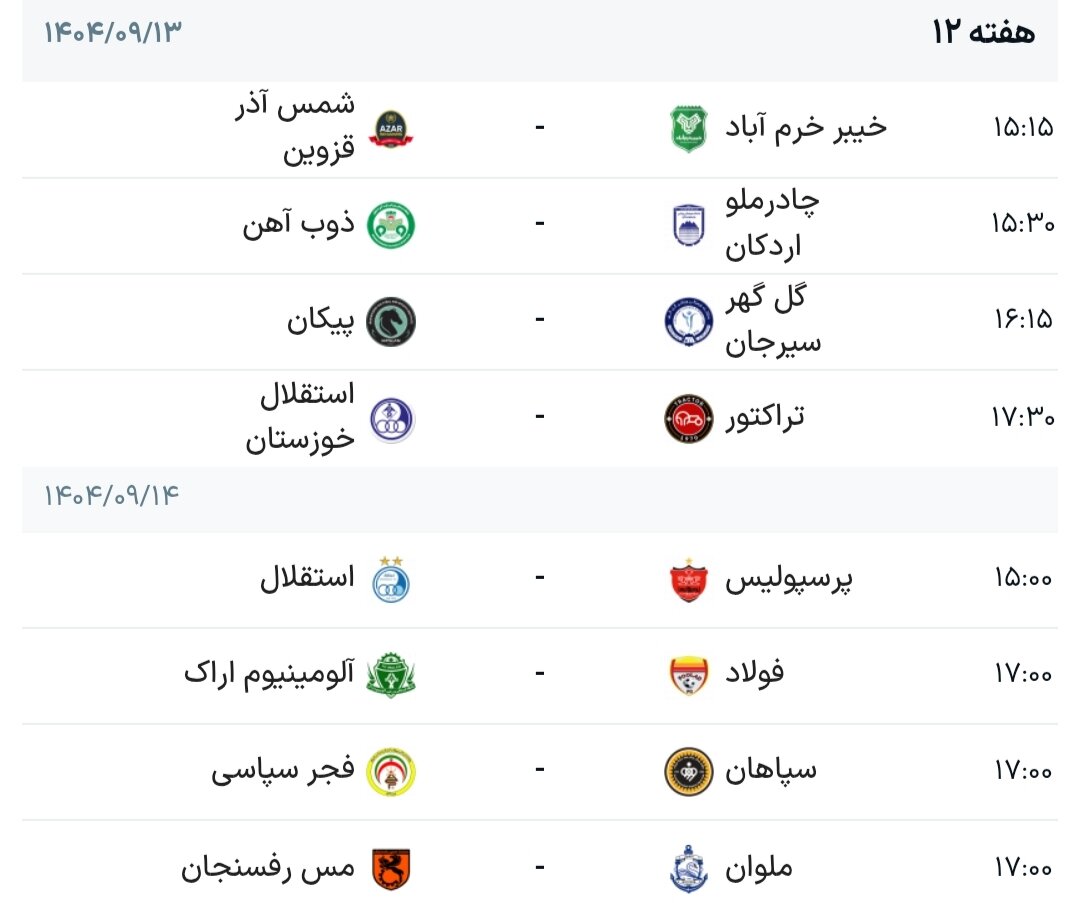 برنامه هفته دوازدهم لیگ برتر فوتبال + جدول