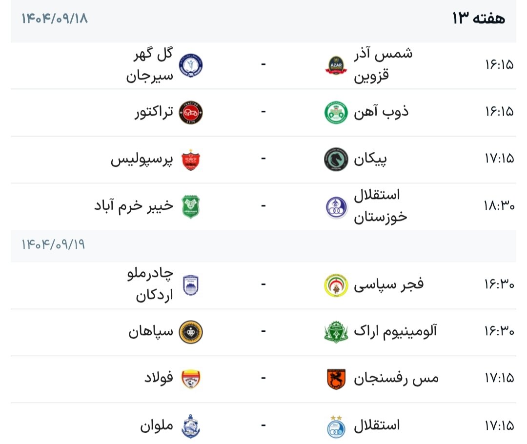 برنامه هفته سیزدهم لیگ برتر فوتبال + جدول