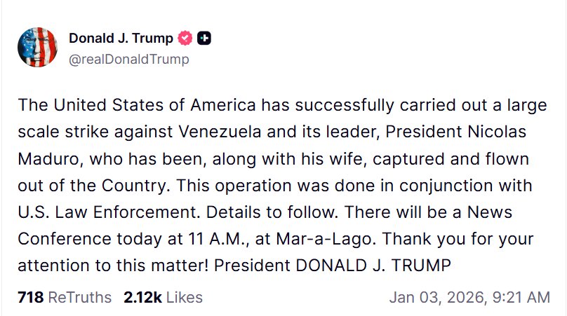 ترامپ: به ونزوئلا حمله کردیم/ مادورو دستگیر شده است!