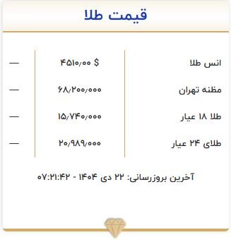 قیمت طلا امروز دوشنبه ۲۲ مرداد ۱۴۰۴