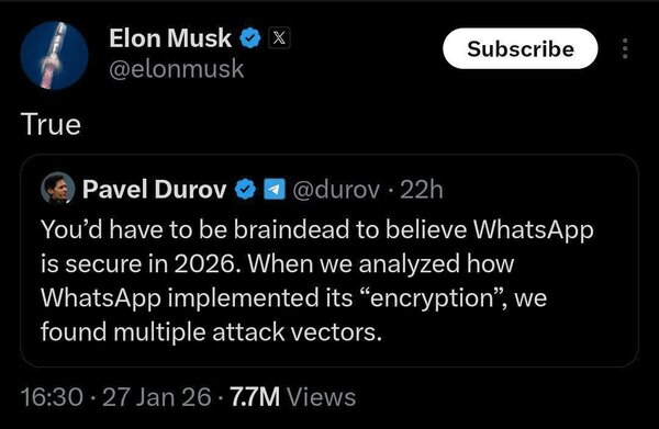 ایلان ماسک هشدار دوروف درباره واتساپ را تأیید کرد
