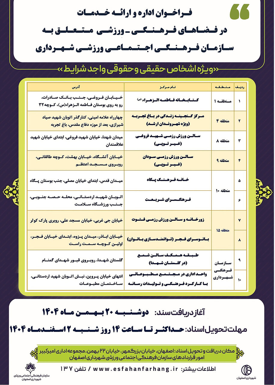 آغاز فراخوان اداره و ارائه خدمات مراکز فرهنگی و ورزشی شهرداری اصفهان
