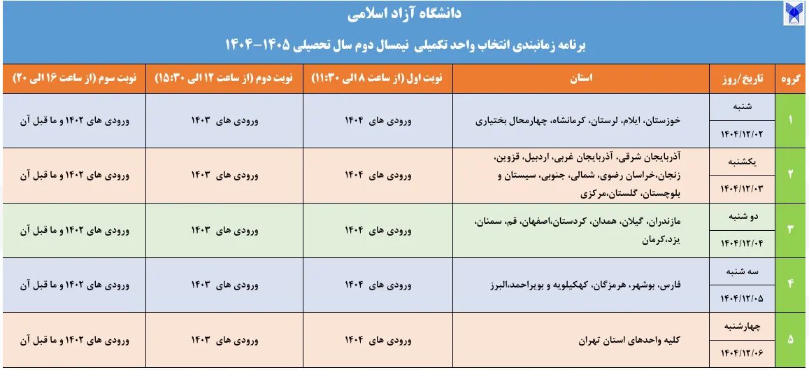 اعلام برنامه زمانبندی انتخاب واحد تکمیلی نیمسال دوم دانشگاه آزاد