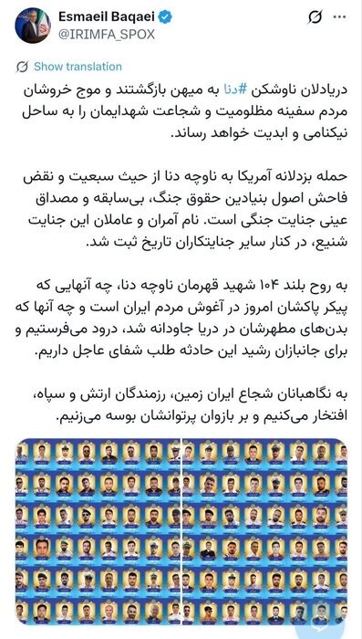 بقایی: حمله به ناو دنا مصداق عینی جنایت جنگی است