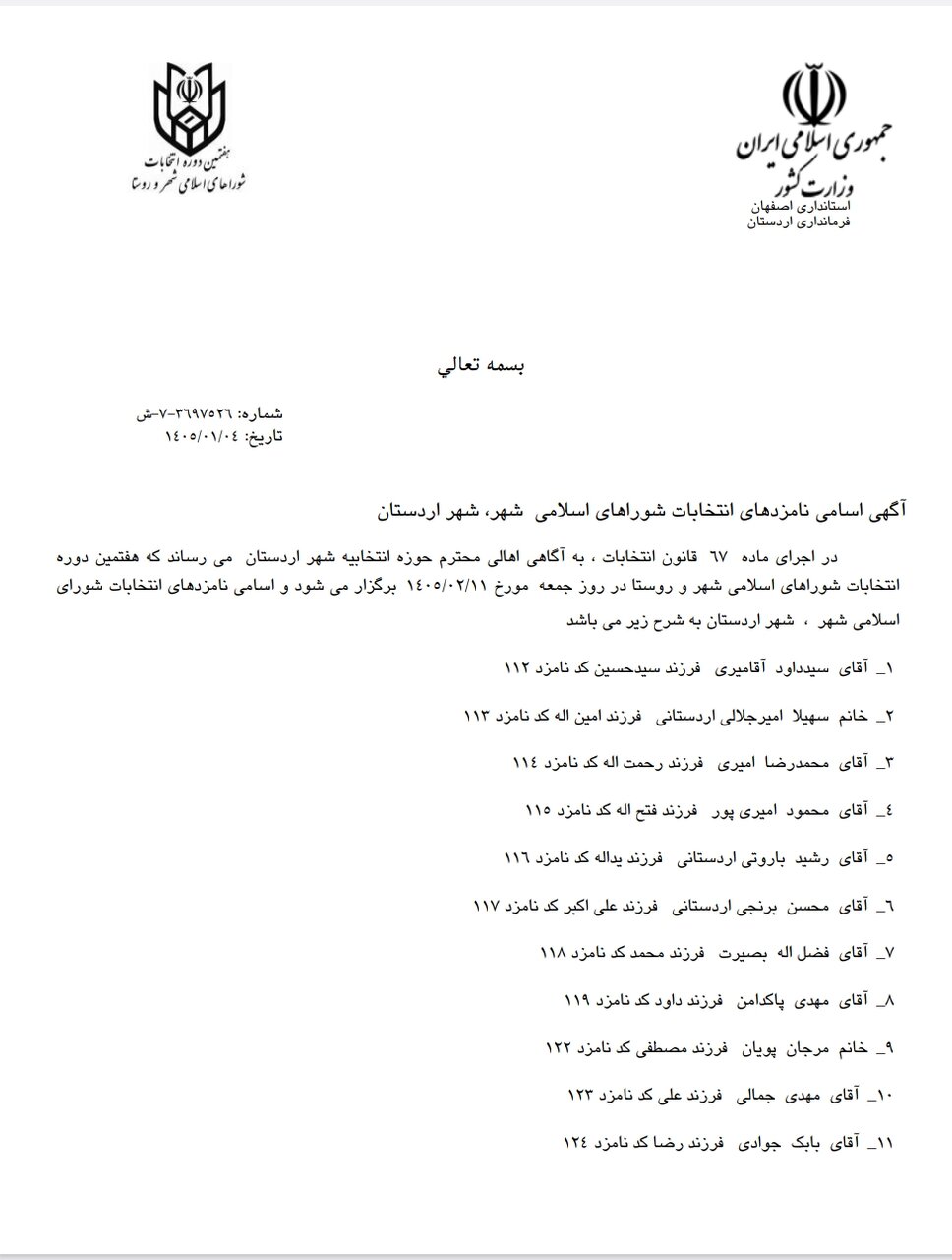 اسامی نامزدهای انتخابات شورای شهر اردستان اعلام شد