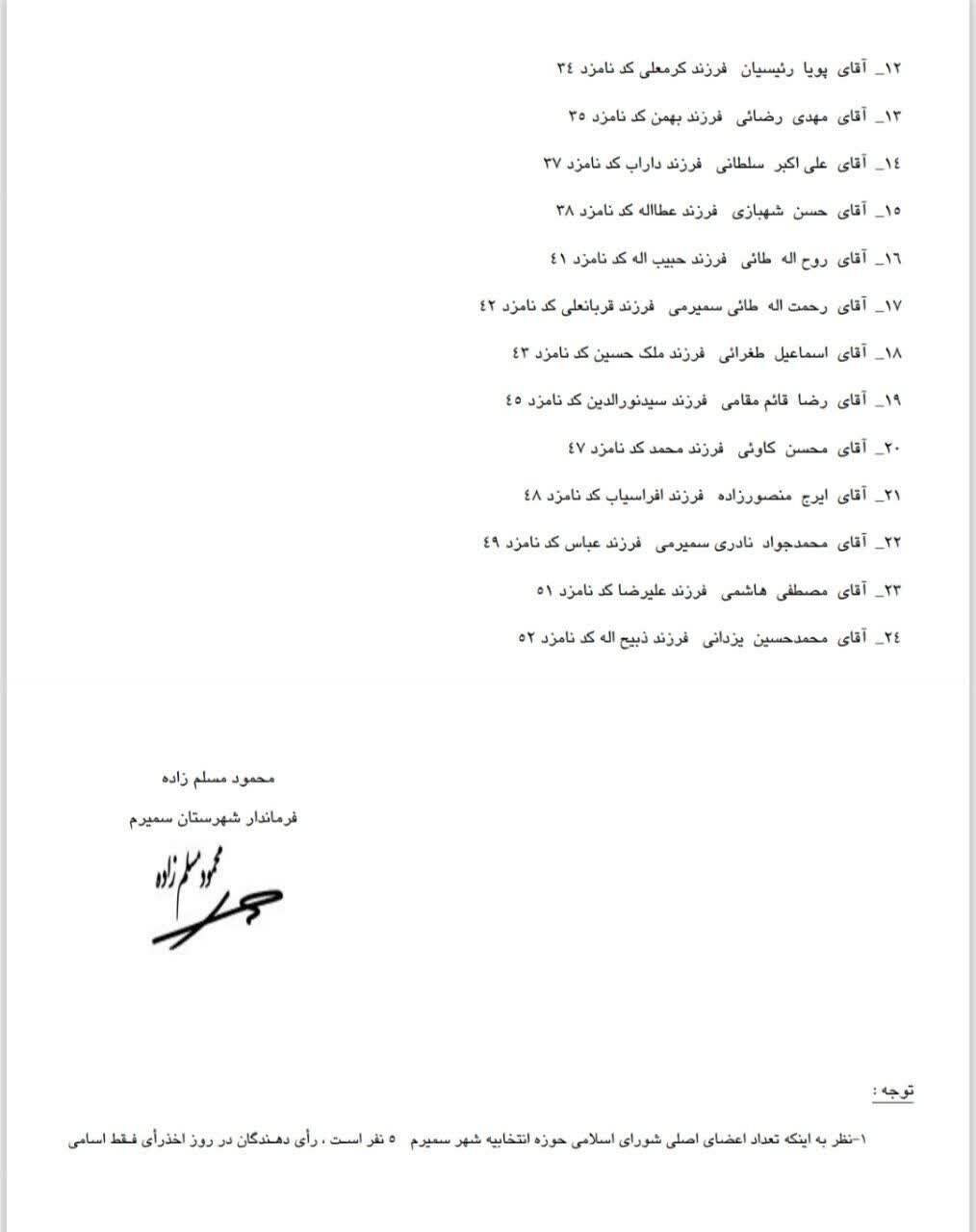 اسامی نامزدهای انتخابات شورای شهر سمیرم اعلام شد