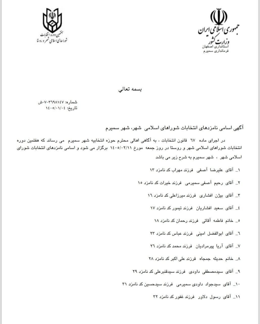 اسامی نامزدهای انتخابات شورای شهر سمیرم اعلام شد