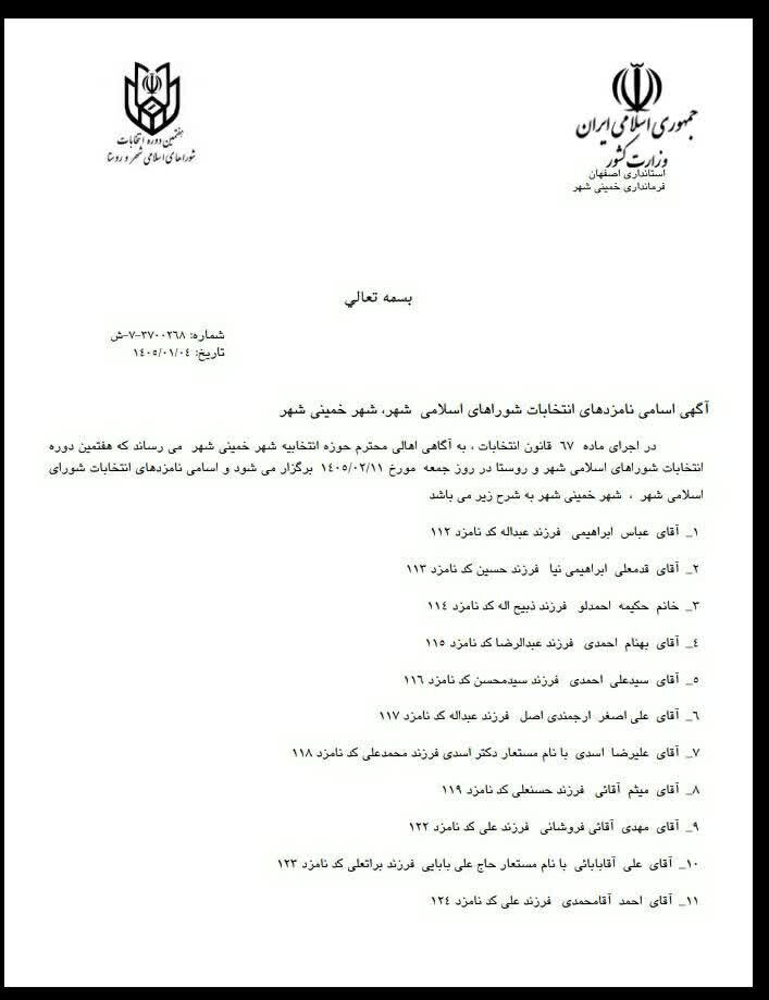 اسامی نامزدهای انتخابات شورای شهر خمینیشهر اعلام شد
