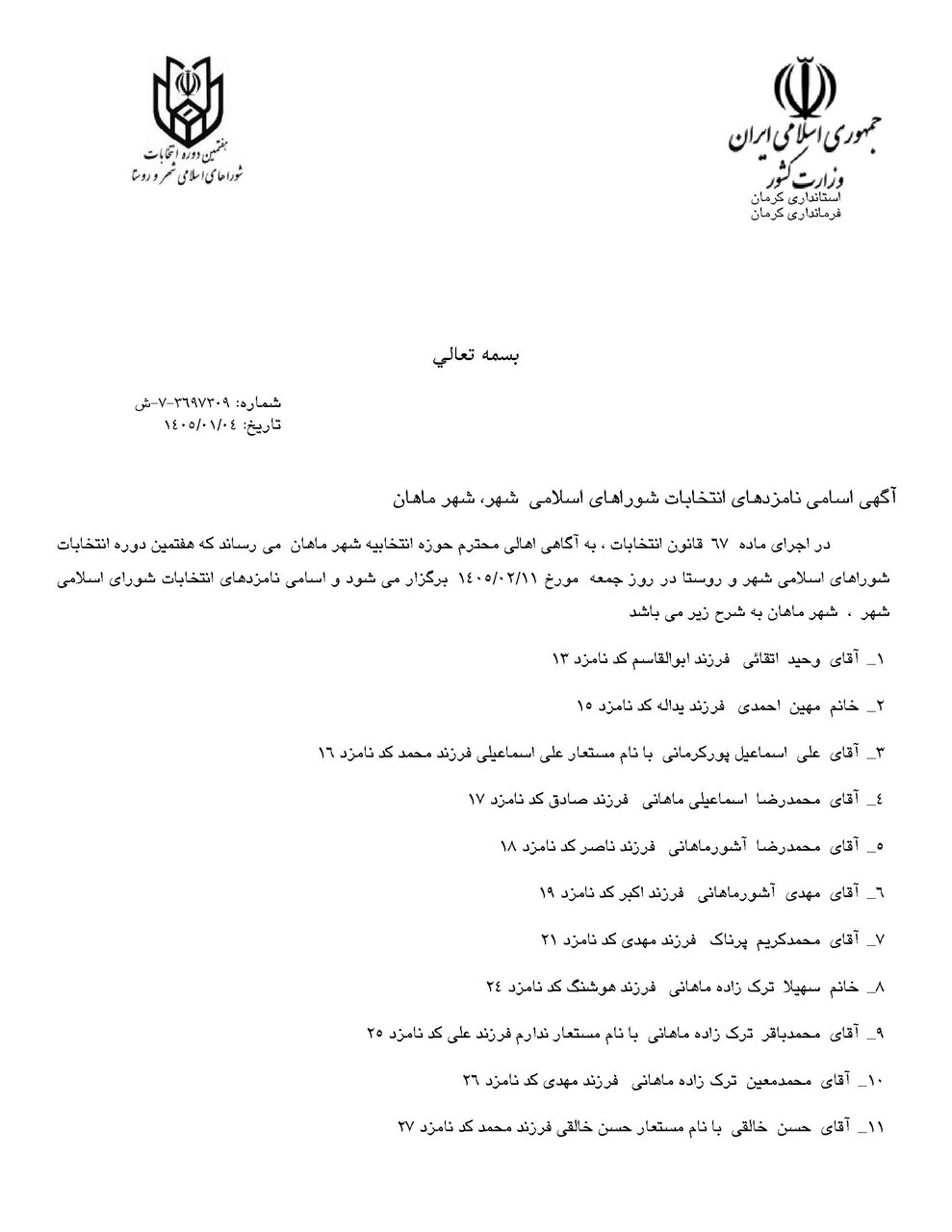 اسامی نامزدهای انتخابات شورای شهر در کرمان