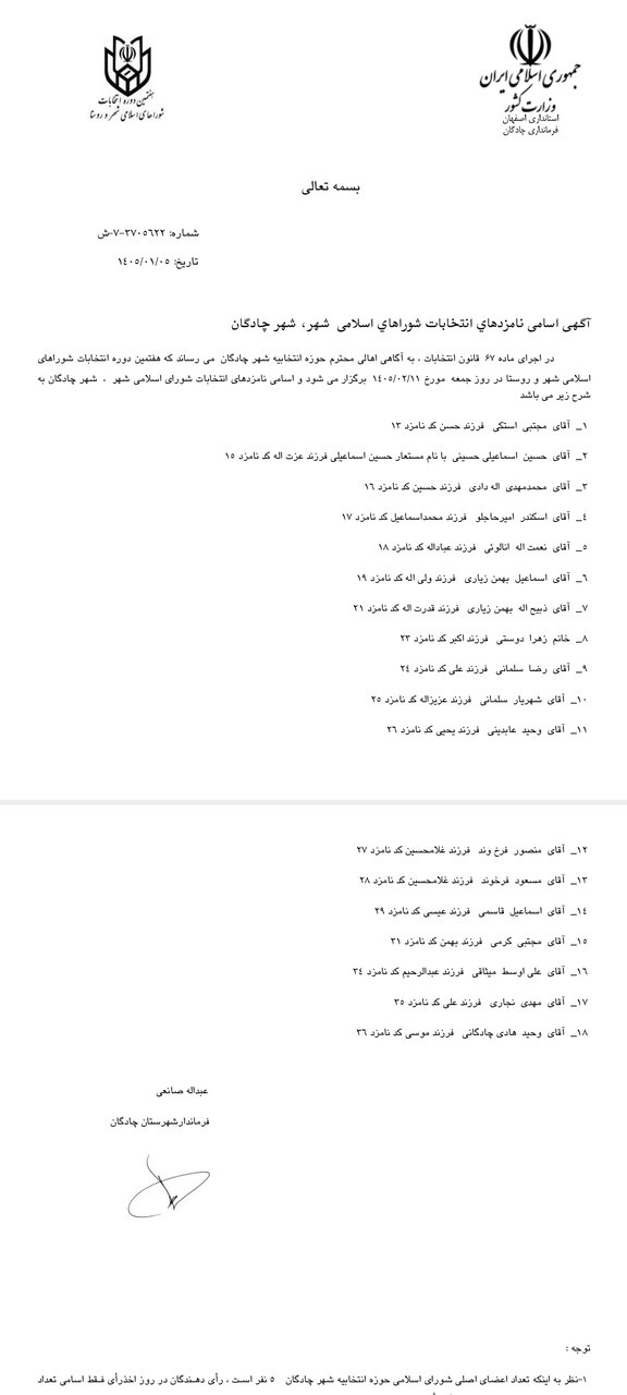 اسامی نامزدهای انتخابات شورای شهر چادگان اعلام شد