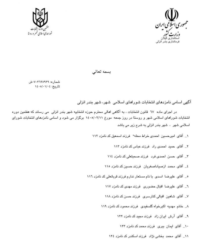 اسامی نامزدهای انتخابات شورای شهر بندرانزلی اعلام شد