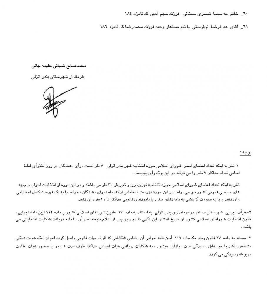 اسامی نامزدهای انتخابات شورای شهر بندرانزلی اعلام شد