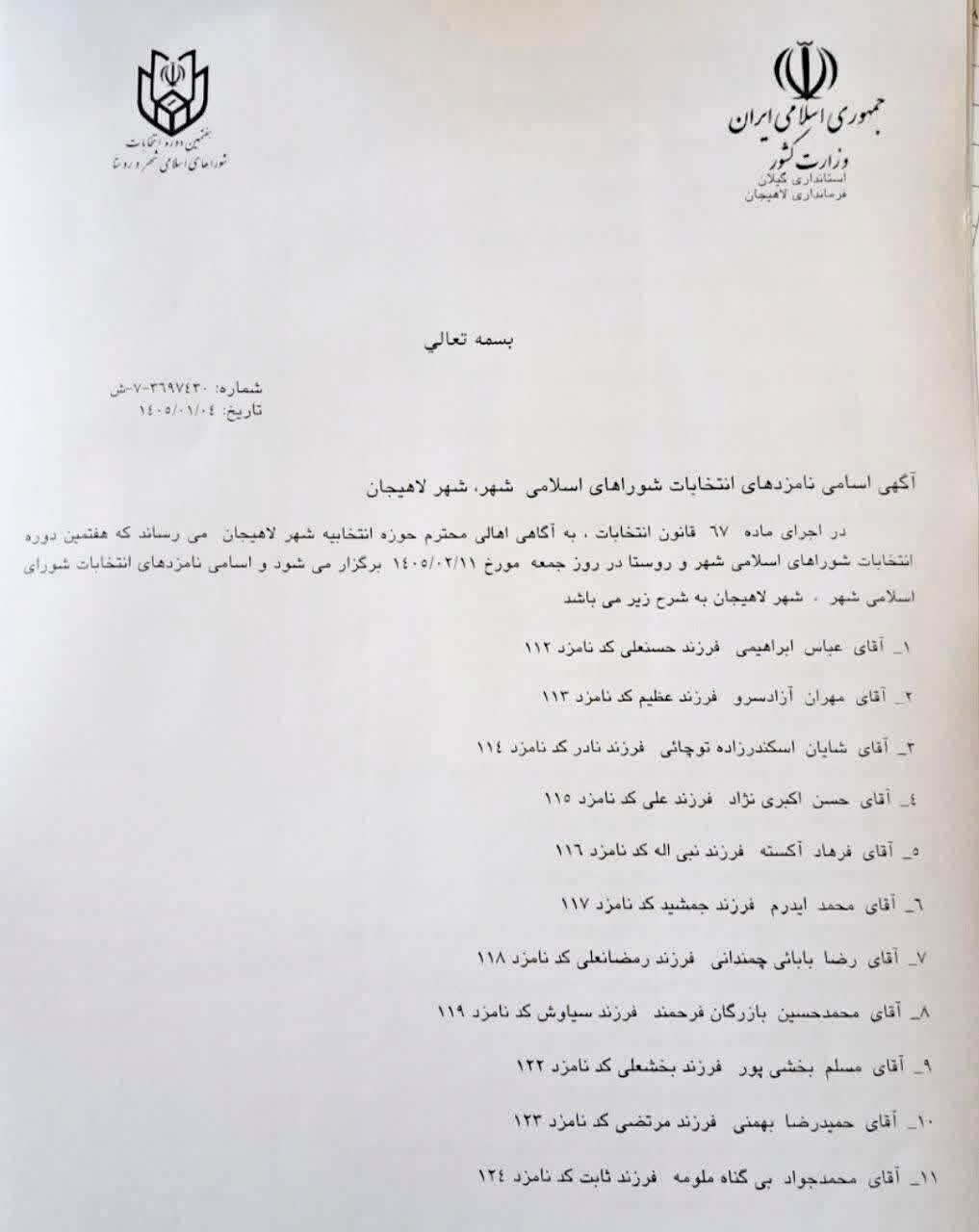 اسامی نامزدهای انتخابات شورای شهر لاهیجان اعلام شد