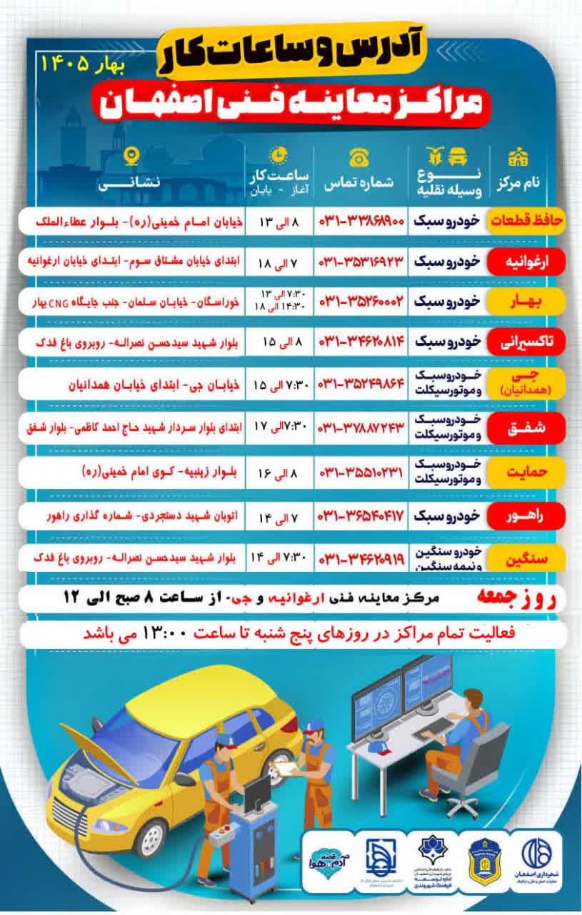 ساعات مراکز معاینه فنی اصفهان در نیمه نخست سال جاری اعلام شد