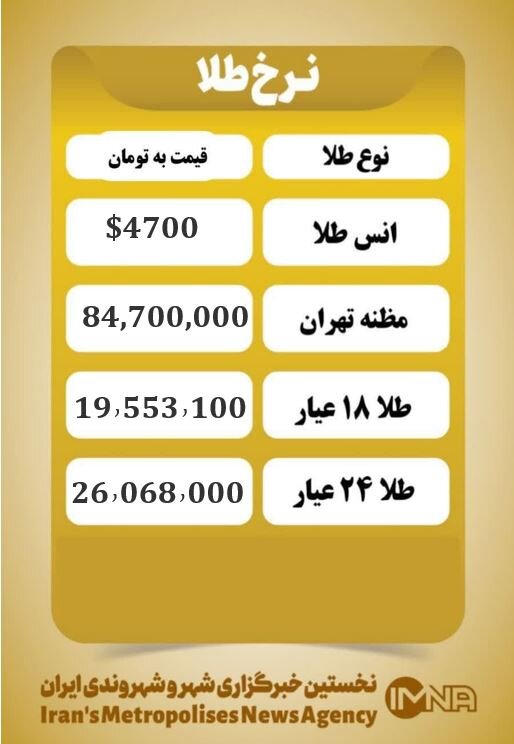 قیمت طلا امروز پنجشنبه ۲۴ اردیبهشت ۱۴۰۵