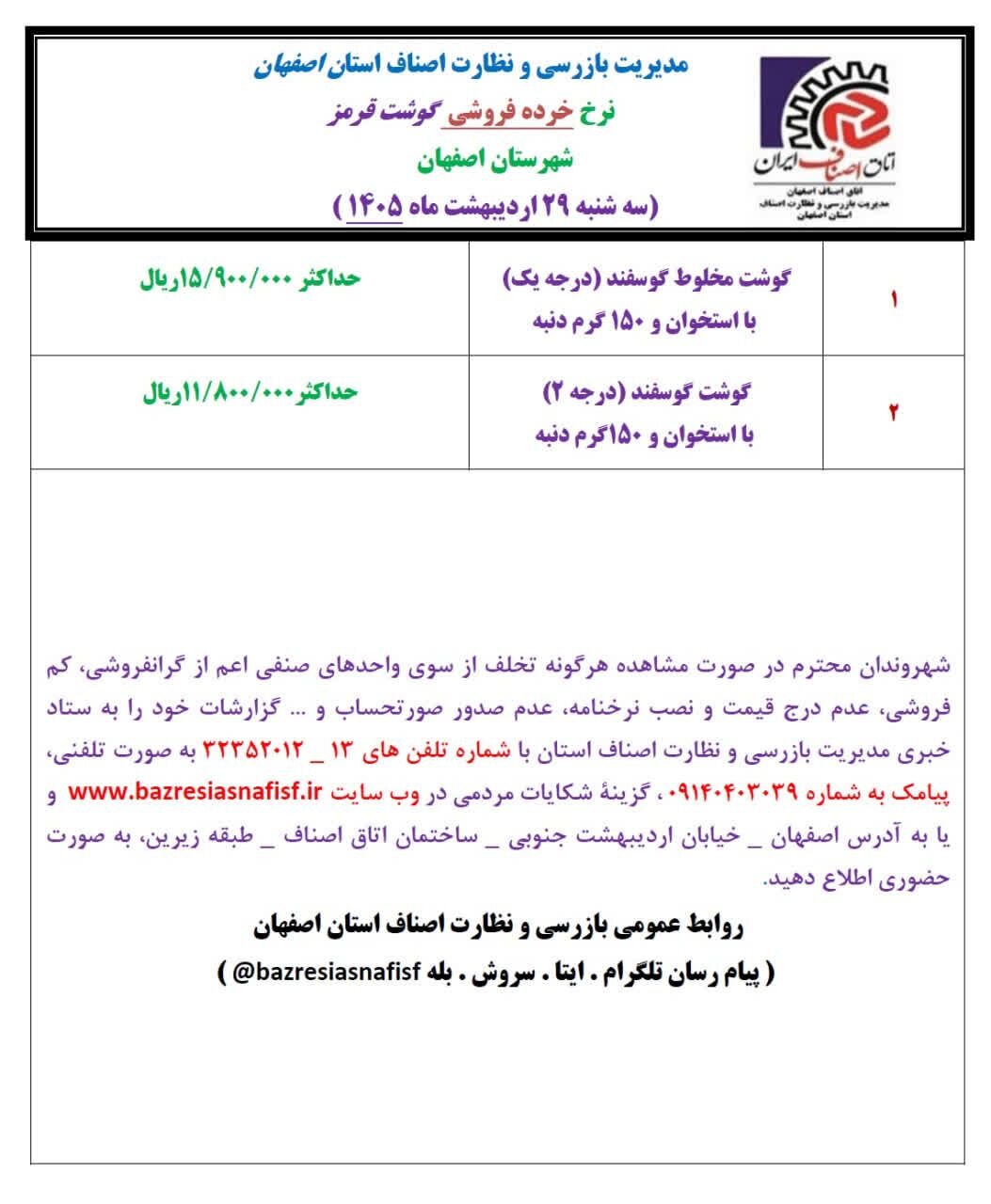 آخرین قیمت گوشت، مرغ، ماهی، میوه و سبزی امروز سه‌شنبه ۲۹ اردیبهشت ۱۴۰۵ + جدول