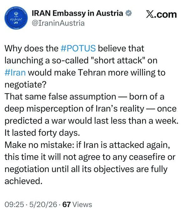 سفارت ایران: در صورت از سرگیری جنگ هیچ آتش‌بسی را نمی‌پذیریم